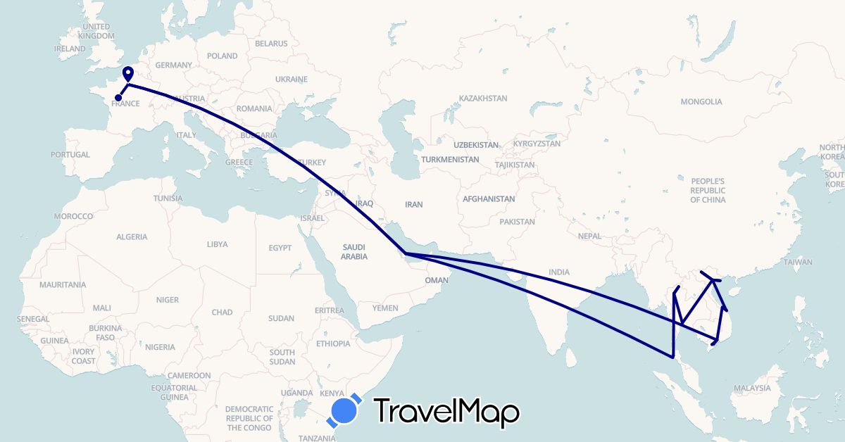 TravelMap itinerary: driving in France, Qatar, Thailand, Vietnam (Asia, Europe)